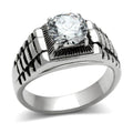 Men's stainless steel cubic ring with a large center stone and textured band for a bold look