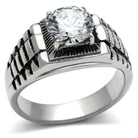 Men's stainless steel cubic ring with a large center stone and textured band for a bold look