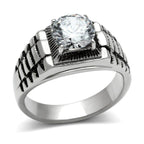 Men's stainless steel cubic ring with a large center stone and textured band for a bold look