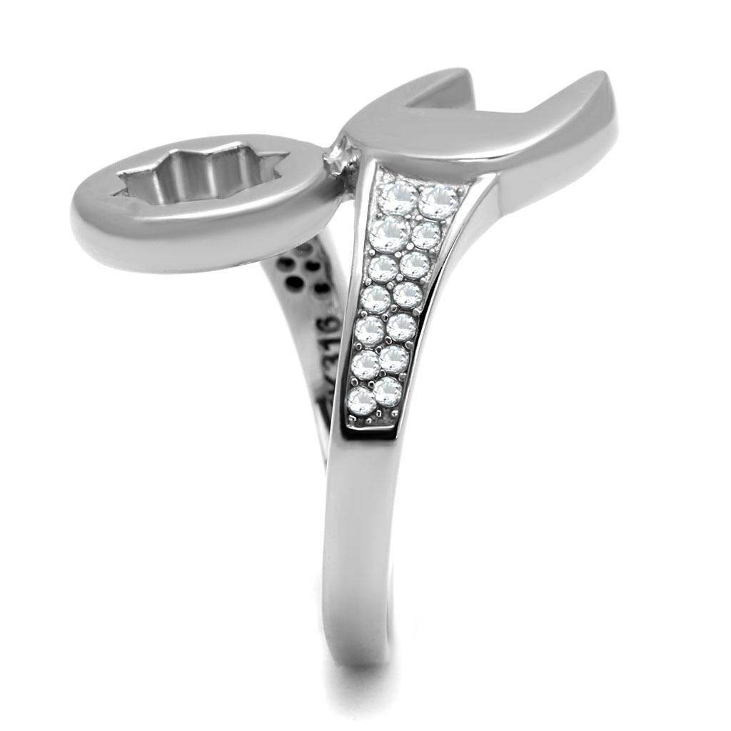 Men's stainless steel cubic zirconia ring with wrench design and sparkling stones for a stylish look