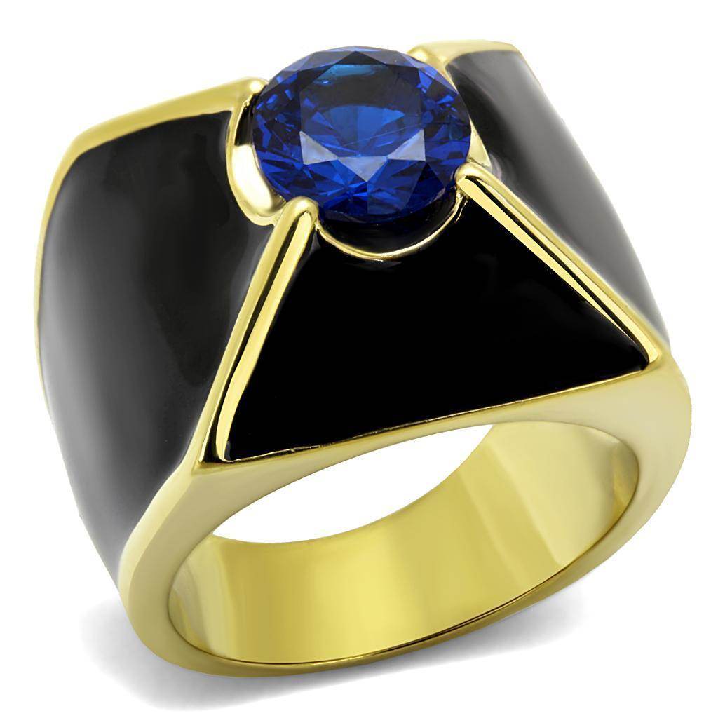 Bold men's stainless steel cubic zirconia ring featuring a blue gemstone and a sleek gold finish