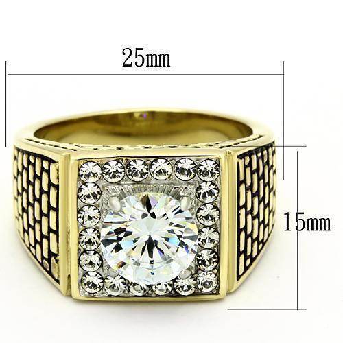 Men's stainless steel cubic zirconia ring featuring a large center stone and decorative band
