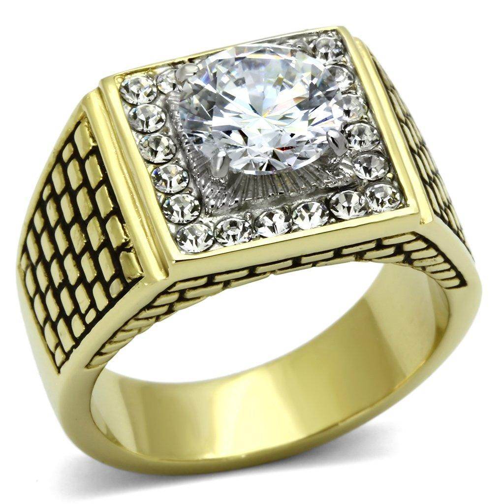 Men's stainless steel cubic zirconia ring with a large center stone and decorative edge