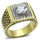 Men's stainless steel cubic zirconia ring with a large center stone and decorative edge