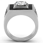 Stylish stainless steel cubic zirconia ring with intricate design and polished finish for men