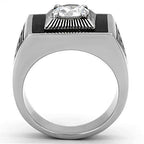 Stylish stainless steel cubic zirconia ring with intricate design and polished finish for men