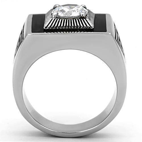 Stylish stainless steel cubic zirconia ring with intricate design and polished finish for men