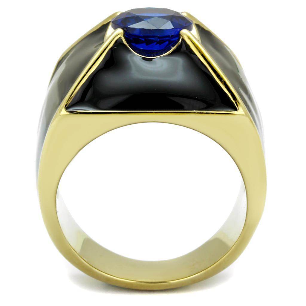 Men's stainless steel cubic zirconia ring with a blue stone and sleek black design