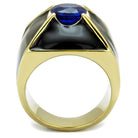 Men's stainless steel cubic zirconia ring with a blue stone and sleek black design