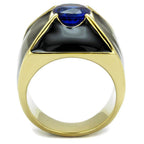 Men's stainless steel cubic zirconia ring with a blue stone and sleek black design