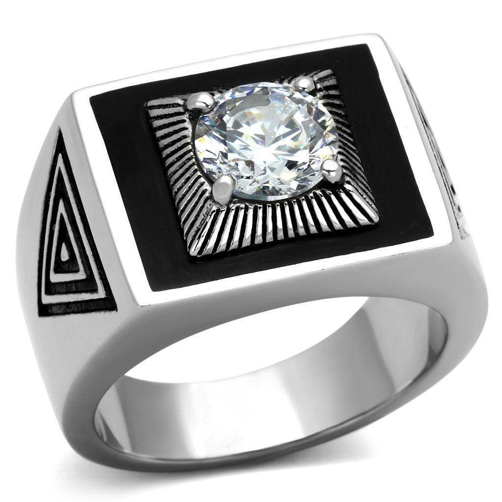 Men's stainless steel cubic zirconia ring with a bold design and a sparkling center stone
