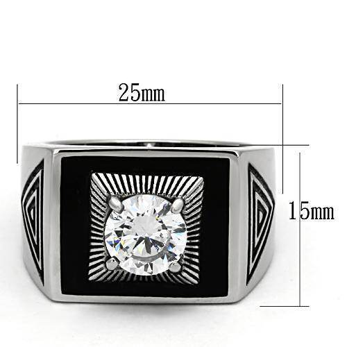 Stainless steel cubic zirconia ring featuring a bold design and detailed engravings