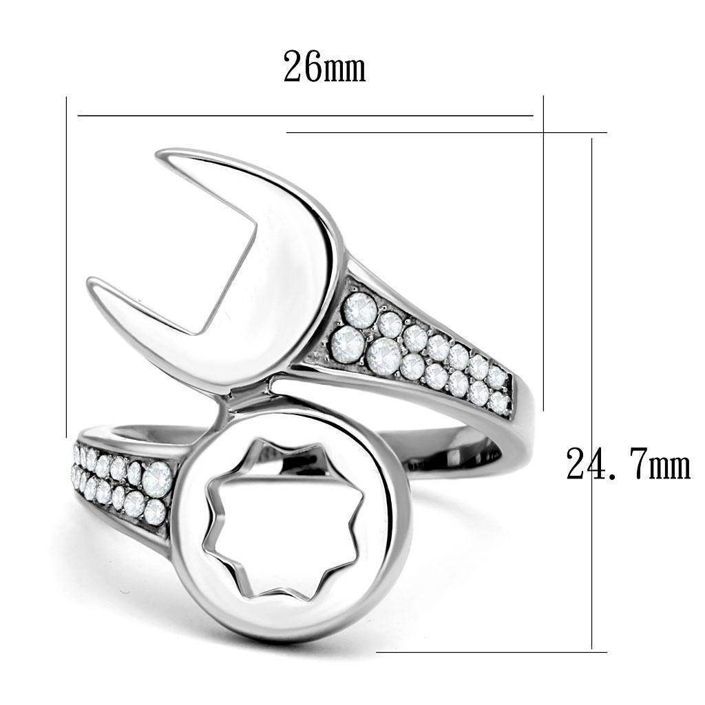 Men's stainless steel cubic zirconia ring featuring a wrench design and sparkling accents