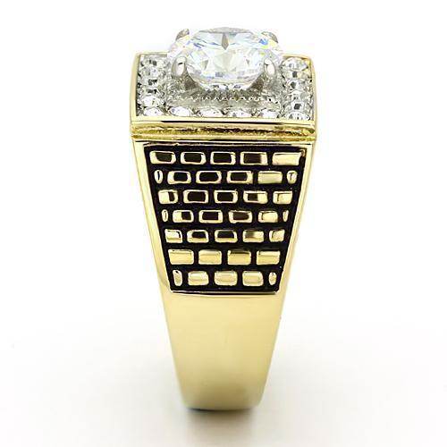 Elegant stainless steel cubic zirconia ring with a brilliant central stone and textured band design