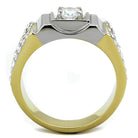 Stylish stainless steel cubic zirconia ring with a prominent center stone and elegant side detailing