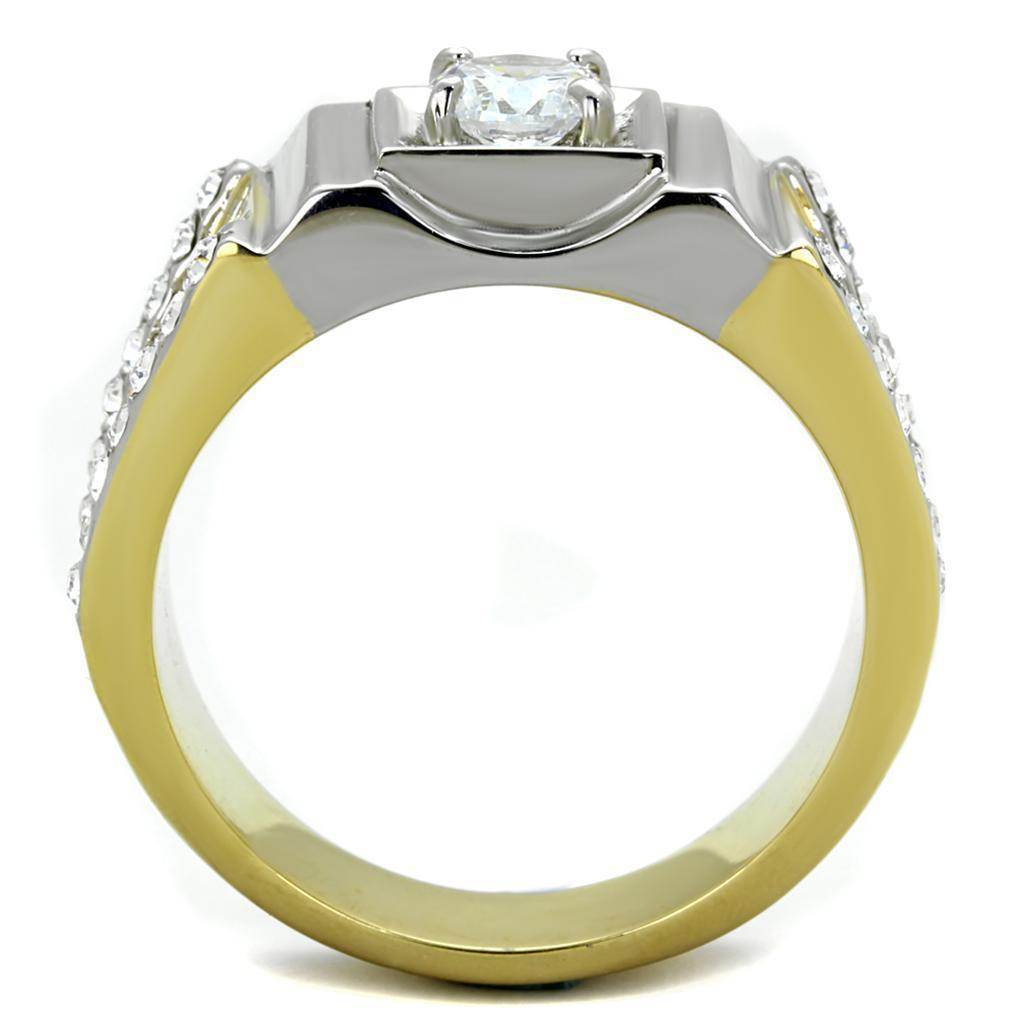 Stylish stainless steel cubic zirconia ring with a prominent center stone and elegant side detailing