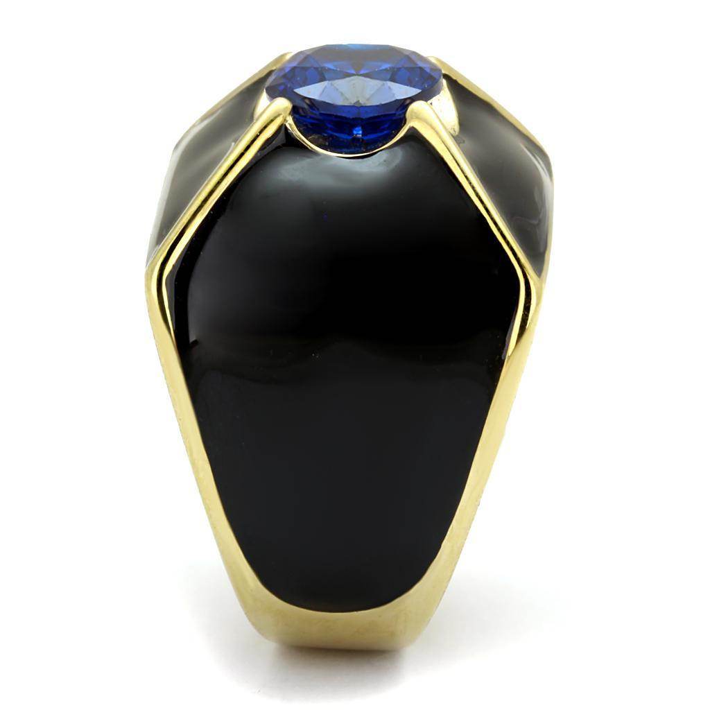 Stylish stainless steel cubic zirconia ring with a bold black design and blue gemstone centerpiece