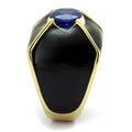 Stylish stainless steel cubic zirconia ring with a bold black design and blue gemstone centerpiece