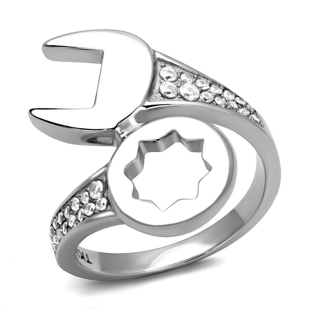 Stylish stainless steel cubic zirconia ring featuring a wrench design with sparkling stones