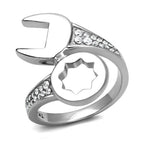 Stylish stainless steel cubic zirconia ring featuring a wrench design with sparkling stones