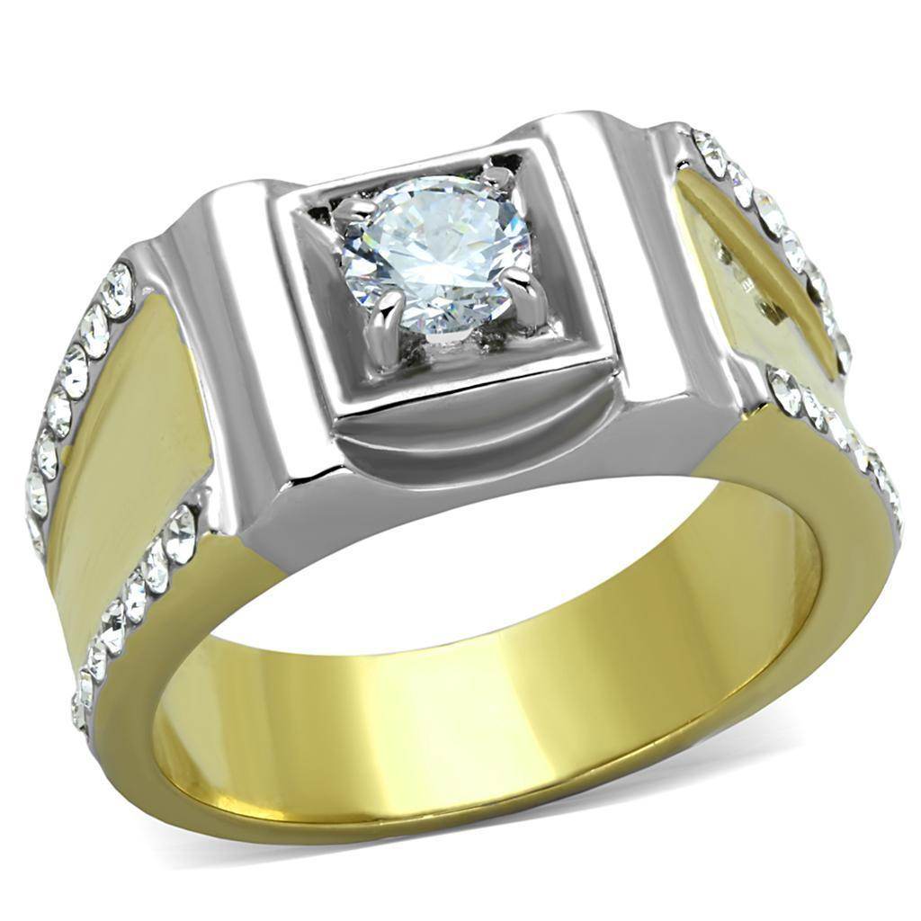 Stylish Men's Stainless Steel Cubic Zirconia Ring with Polished Finish and Accent Stones