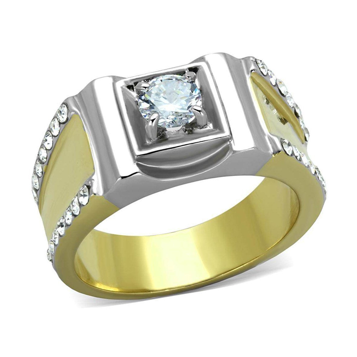 Stylish Men's Stainless Steel Cubic Zirconia Ring with Polished Finish and Accent Stones