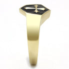 Stainless steel epoxy mens ring with a black cross design and polished gold finish
