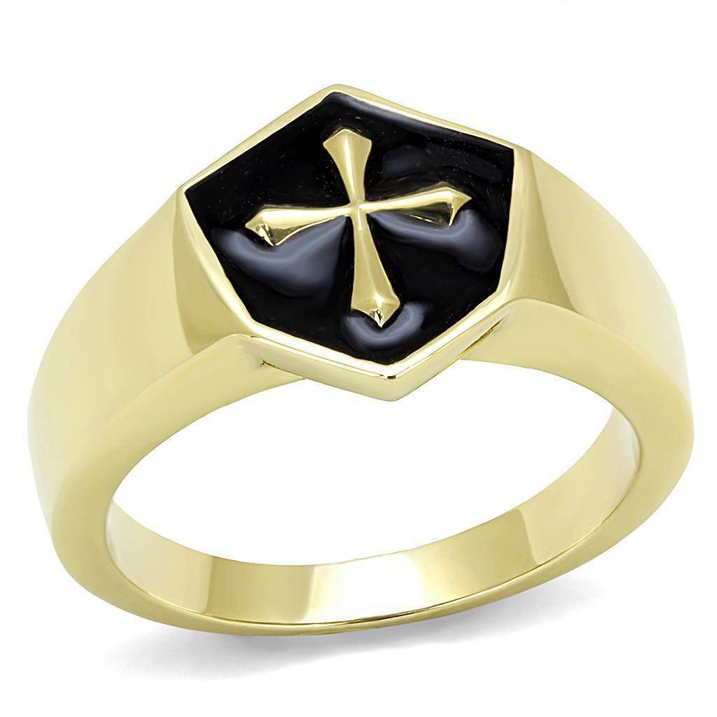 Stainless steel epoxy mens ring with a black and gold hexagonal design featuring a cross