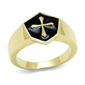 Stainless steel epoxy mens ring with a black and gold hexagonal design featuring a cross