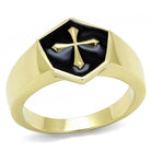 Stainless steel epoxy mens ring with a black and gold hexagonal design featuring a cross