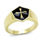 Stainless steel epoxy mens ring with a black and gold hexagonal design featuring a cross