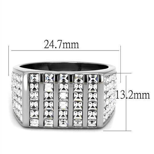 Men's stainless steel fashion ring with crystal embellishments and precise dimensions for a stylish look