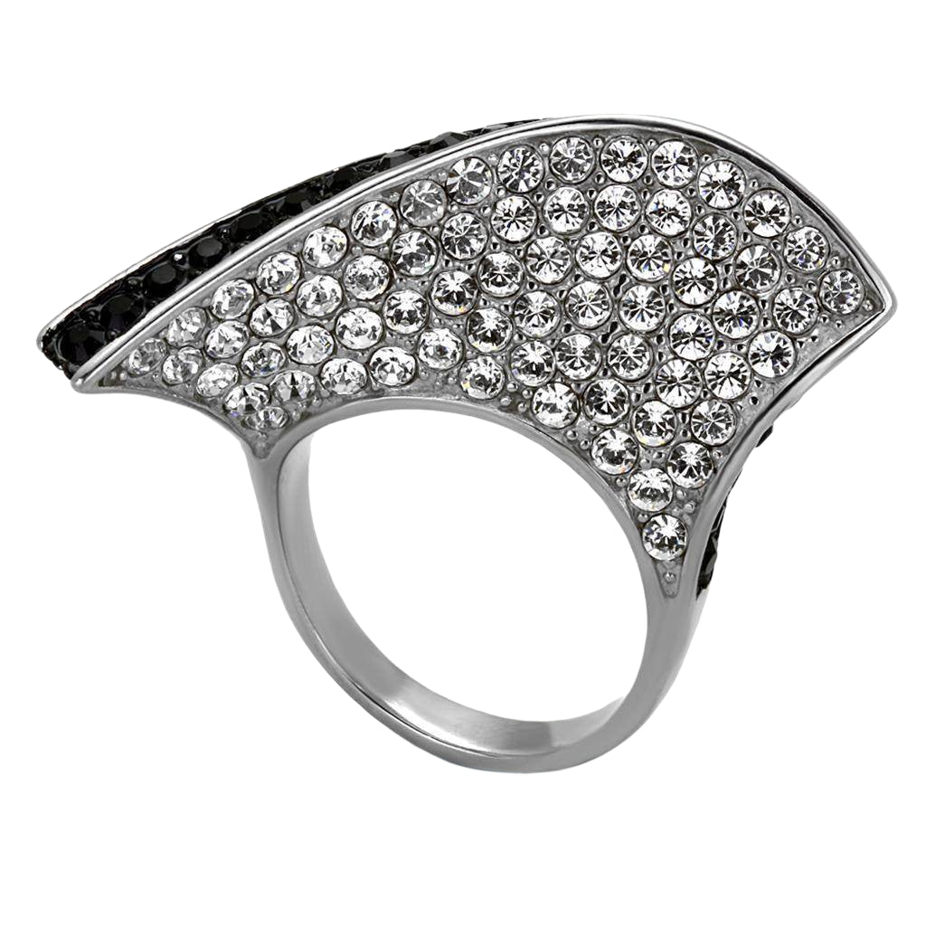 Stylish stainless steel fashion rings with sparkling black and clear rhinestones for modern women