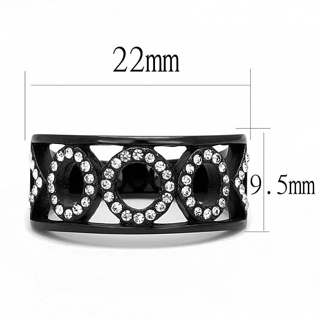 Stainless steel fashion rings with crystal accents and black finish, measuring 22mm in width