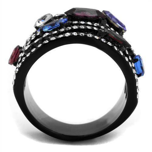 Elegant black stainless steel jewelry ring adorned with colorful gemstones and intricate detailing