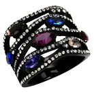 Elegant black stainless steel jewelry ring with colorful gemstones and sparkling accents