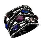 Elegant black stainless steel jewelry ring with colorful gemstones and sparkling accents