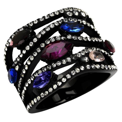 Elegant black stainless steel jewelry ring with colorful gemstones and sparkling accents