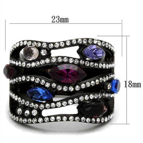 Stainless steel jewelry ring featuring colorful gems and sparkling rhinestones for a stylish look