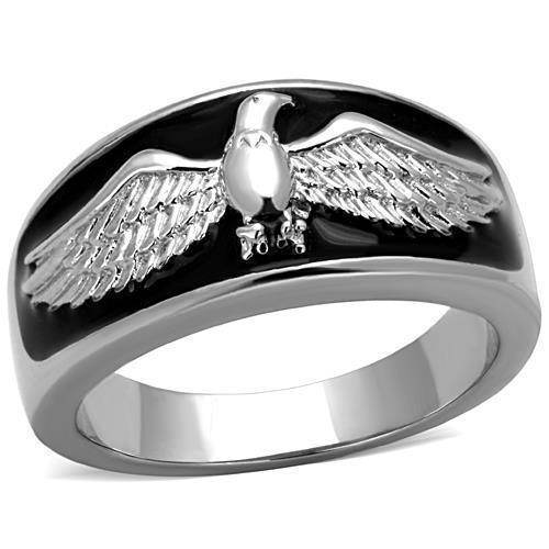 Men's stainless steel jewelry ring with eagle design featuring detailed wing and bold black background