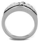 Men's stainless steel jewelry ring with a sleek design featuring intricate detailing on the band