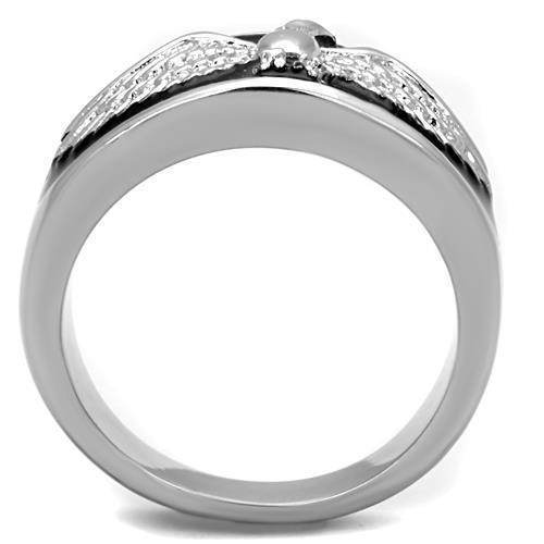 Men's stainless steel jewelry ring with a sleek design featuring intricate detailing on the band