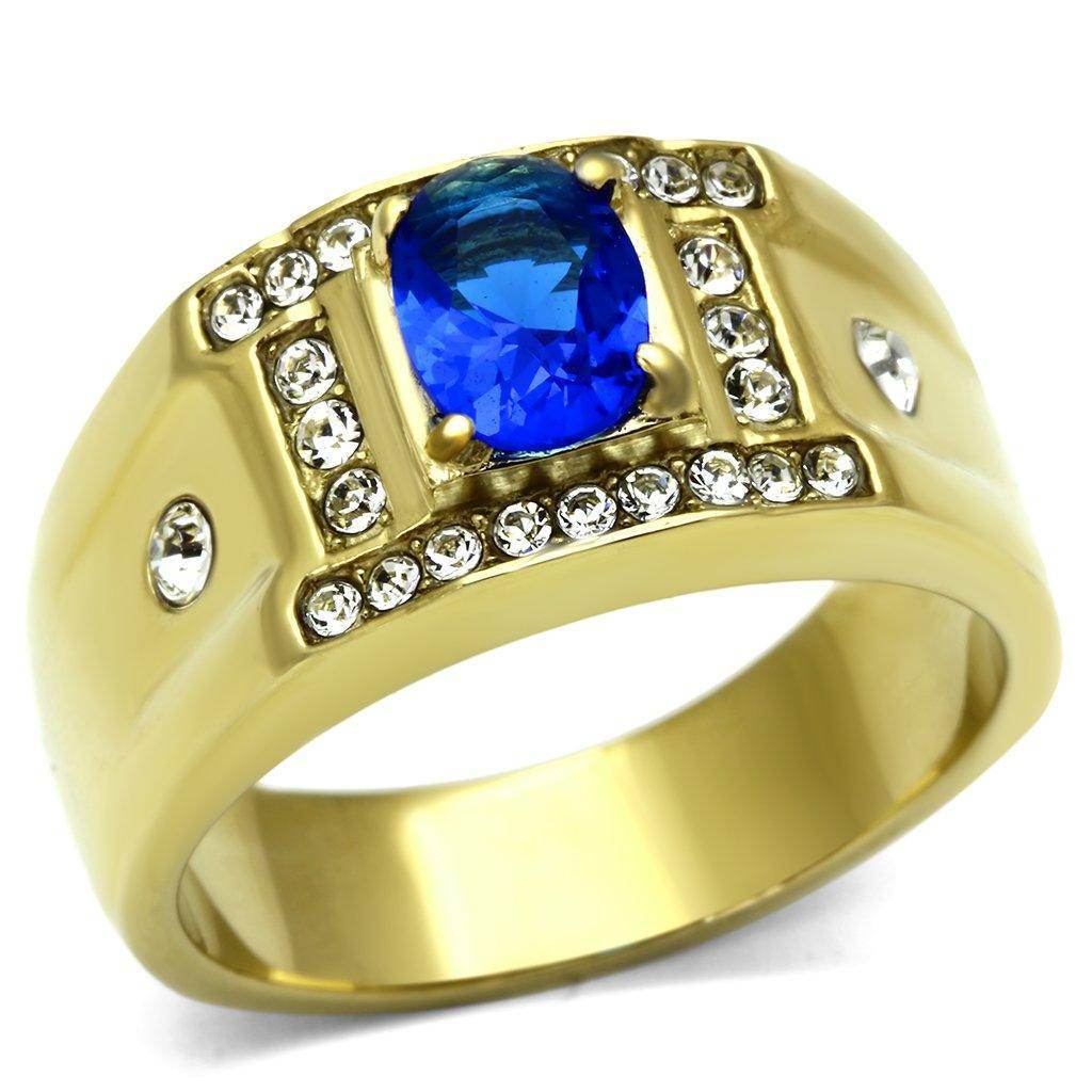 Gold Men's Ring with Blue Stone and Crystals, featuring stainless steel jewelry for men