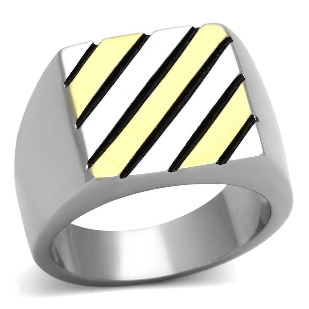 Stylish stainless steel men's fashion ring with a geometric design in gold and black accents