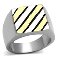 Stylish stainless steel men's fashion ring with a geometric design in gold and black accents