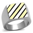 Stylish stainless steel men's fashion ring with a geometric design in gold and black accents