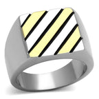 Stylish stainless steel men's fashion ring with a geometric design in gold and black accents