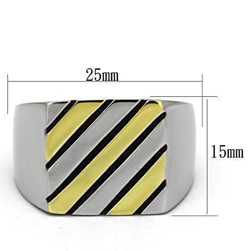 Stainless steel men's fashion ring with a yellow and black striped design and polished finish