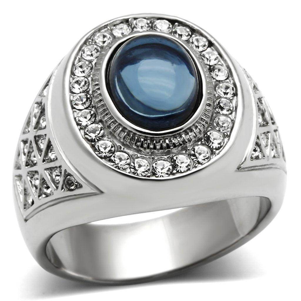 Stainless steel mens jewelry ring featuring a blue stone and sparkling accents for a bold look