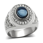 Stainless steel mens jewelry ring featuring a blue stone and sparkling accents for a bold look